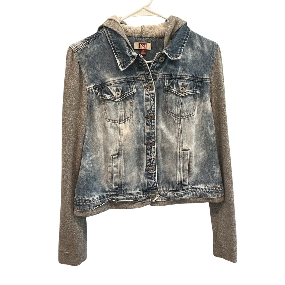 LEI Womens Hooded Sweatshirt Denim Jacket Jrs XL Acid Wash Punk EMO Grunge Y2K